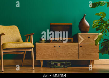 Vintage living room interior with gramophone on wooden cupboard, chair, plant and green wall Stock Photo