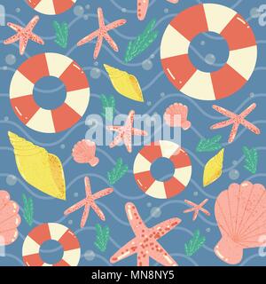 Seamless vector pattern of seashells, seaweed and life floats. Simple and adorable design for posters, sites, t-shirts, nursery and kids prints Stock Vector
