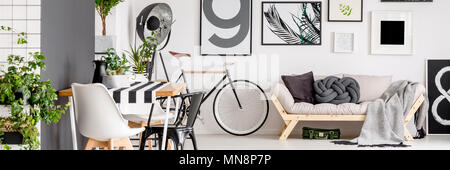 Simple posters hanging on white wall in living room interior with bike, dining table and fresh plants Stock Photo