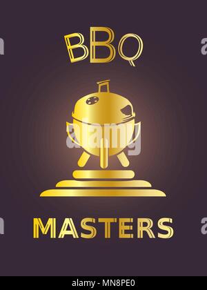 Golden grill trophy icon on a dark backgrond, BBQ masters, vector illustration Stock Vector