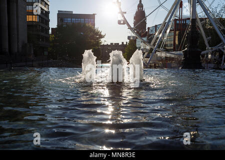 A water fountain shortly after sunrise at Barkers Pool, Sheffield, South Yorkshire, UK. Stock Photo