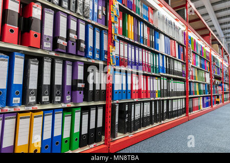 Lever arch files for sale in an office supplies store, UK. Stock Photo