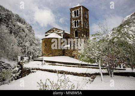 Església de Sant Joan de Caselles,  a church located in Canillo, Andorra. It is a heritage property registered in the Cultural Heritage of Andorra Stock Photo