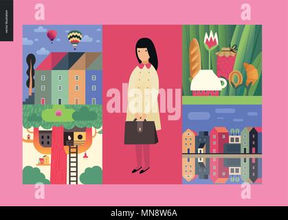 Simple things - houses - flat cartoon vector illustration of pink school girl, river, townhouses, air balloons, cloud sky, grass, jar, bakery, tree an Stock Vector