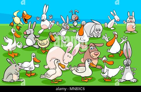 Cartoon Illustration of Funny Ducks and Rabbits Farm Animal Characters Group Stock Vector