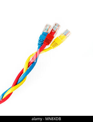 Three intertwined differently colored data cables with RJ-45 connector illustrates three different VLANs according to IEEE 802.1q, in the same connect Stock Photo