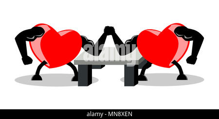 Battle between two opponent hearts, fighting by using arm wrestling match. Stock Photo