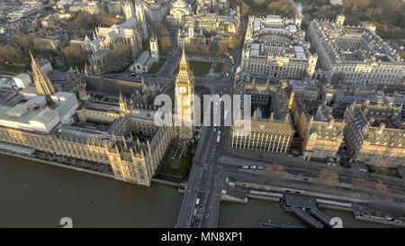 London Bird View of Houses of Parliament, Big Ben, Palace of Westminster and Gothic Historical Landmarks Buildings from Up High in England, UK Stock Photo