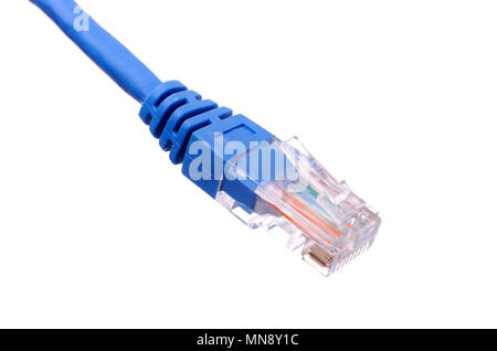 Blue data network patch cable RJ 45 ethernet isolated on white background, rated for 1 Gbit/s Stock Photo