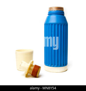 Blue thermos bottle from the 1960s, made in West Germany. Isolated on white background. Stock Photo
