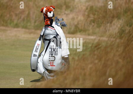 MUIRFIELD, SCOTLAND - JULY 17: Tiger Woods golf bag with Tiger golf club cover during the first round of The Open Championship 2013 at Muirfield Golf Club on July 17, 2013 in Scotland. Stock Photo