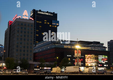 Minsk, Belarus - May 4 2018: Newly built Galleria Minsk shopping mall and DoubleTree by Hilton hotel in the evening. Nemiga district, Minsk City Stock Photo