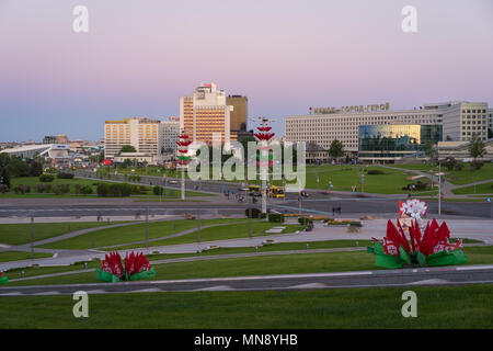 Panoramic view of Pobediteley Avenue. Minsk City center, Belarus Stock Photo