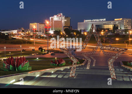 Panoramic view of Pobediteley Avenue during Victory Day celebrations. Minsk City Stock Photo