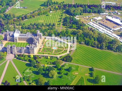 Aerial view of Windsor Castle and staging for the royal wedding of Prince Harry and American actress Meghan Markle to take place in May 2018. Stock Photo