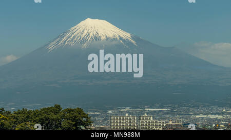Public housing with a beautiful view on the eastern side of the snow-capped Mount Fuji, Japan Stock Photo