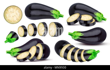 Isolated eggplant. Whole and sliced aubergine isolated on white background Stock Photo