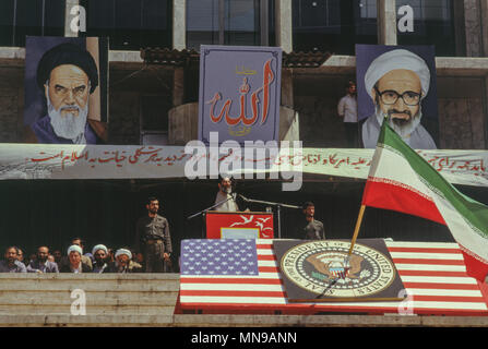 Tehran, Iran - July 1988 - Iranian President Ali Khamenei addresses a huge crowd in downtown Tehran following the shooting down of Iran Air Flight 655 by the USS Vincennes over the Strait of Hormuz, en route from Tehran to Dubai on July 3rd, where 290 people were killed. Stock Photo