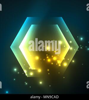 Techno glowing glass hexagons vector background. Techno glowing glass hexagons vector background, futuristic dark template with neon light effects and simple forms Stock Vector