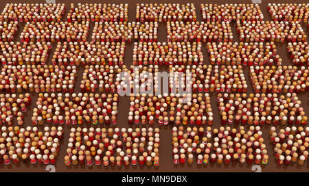 Crowd of small symbolic figures, red brick shapes, 3d illustration, horizontal Stock Photo
