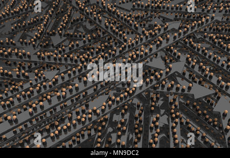 Crowd of small symbolic figures, movement arrows businessmen, 3d illustration, horizontal background Stock Photo