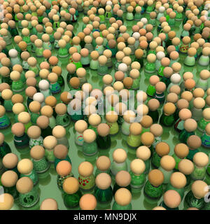 Crowd of small symbolic figures, green colors, 3d illustration, square Stock Photo