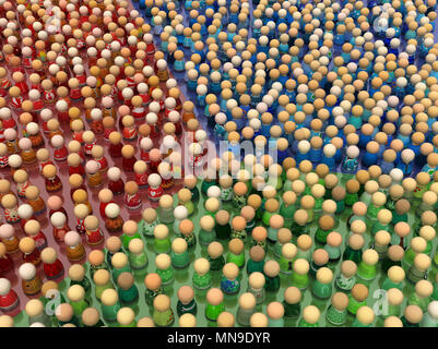 Crowd of small symbolic figures, red, green and blue color, 3d illustration, horizontal Stock Photo