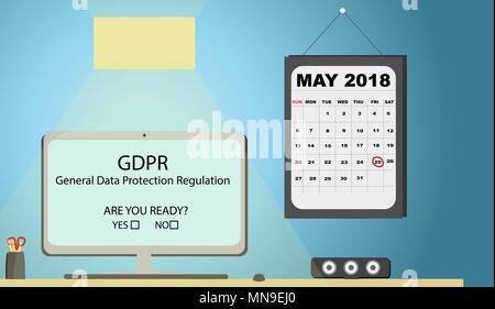 General Data Protection Regulation (GDPR) Concept Illustration - 25 May 2018. Office desk with calendar. Stock Photo