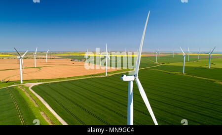 Aerial photo of wind turbines in the fields, Rye, Sussex Stock Photo