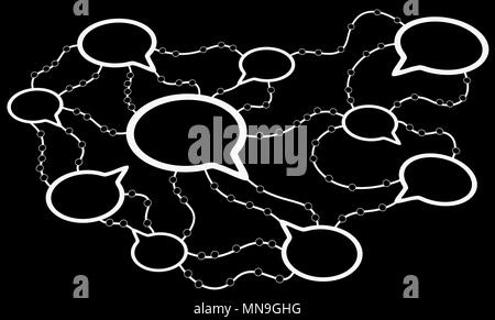 Speech bubbles connected ring system 3d illustration, horizontal, over black Stock Photo