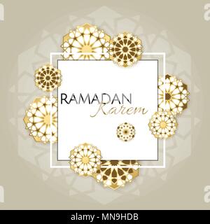 Ramadan Kareem poster design with 3d paper cut islamic lanterns, stars and moon on gold and violet background. Vector illustration. Vector illustratio Stock Vector