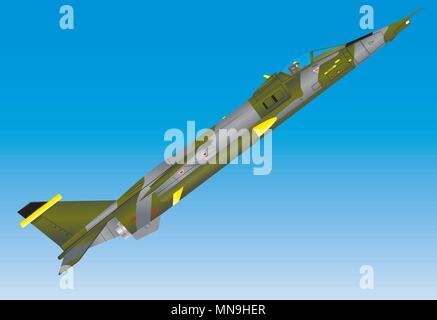 A Camouflaged Twin Engine Supersonic swept wingedJet Fighter Bomber with pilot in ejector seat  Climbing Steeply against a Blue Sky Background Stock Vector