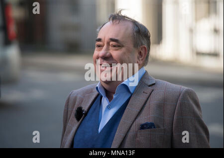 Former First Minister of Scotland Alex Salmond in Downing Street fronting a media broadcast on 15 May 2018 Stock Photo