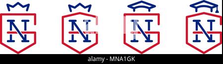 GN monogram. G N letter company name. Royal symbols. For education companies. Shield, crown, academic cap Stock Vector