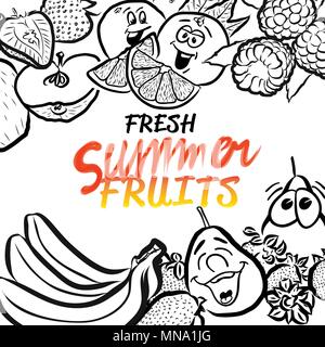 Fresh Summer Fruits Sketch Composition Design, Hand drawn Vector Outline Artwork Stock Vector