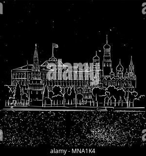 Moscow by Night Kremlin and Stars Sketch, Hand-drawn Illustration Vector Outline Artwork Stock Vector