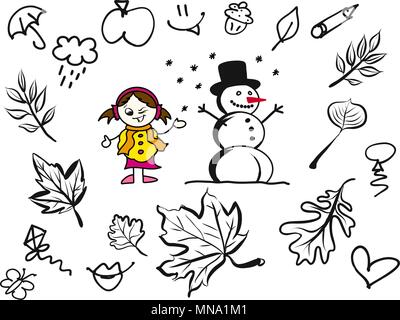 Little Comic Girl and Snowman with various sketched Leaves, Hand-drawn Vector Outline Art Doodles Stock Vector