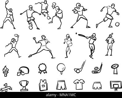 Football, Soccer and Baseballplayer Sketched Motion Doodle Set, hand-drawn vector Outline Artwork Stock Vector