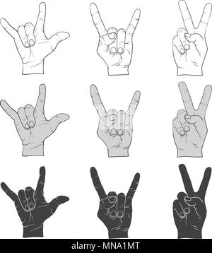 Three Hand Signs Gestures Outline and Filled, Vector Sketches Stock Vector