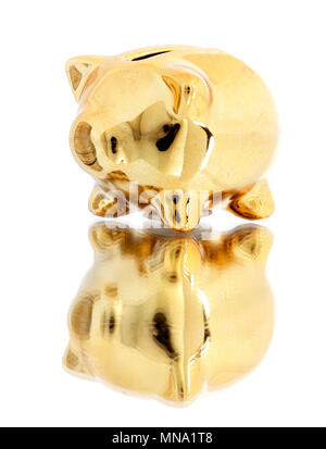 Small golden piggy bank mirrored isolated on white background Stock ...