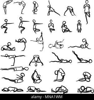 Stickmen hand drawn Yoga Poses, various sketches on white background Stock Vector