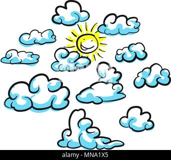 Various cloud shapes vector sketches with sun, hand drawn vector outline drawing black pen on white ground Stock Vector