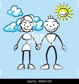 Couple smiling with clouds and sun, vector drawing on coloured background, ready for color change Stock Vector