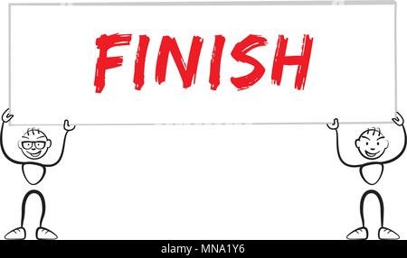 Stickman holding sign with inscription finish, vector drawing on white background Stock Vector