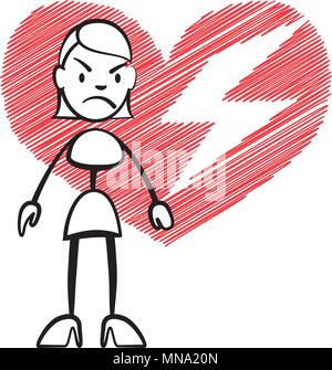 Stick figure woman with broken heart, Stickman vector drawing on white background Stock Vector