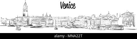 Venice Skyline, Italy, Hand drawn Vector Sketch, Outline Silhouette Stock Vector