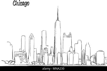 Vector drawing of Chicago skyline, outline. USA travel landmark. Black