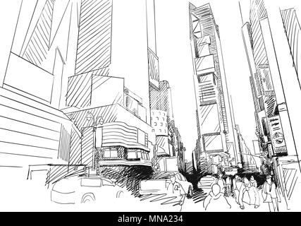 Time Square, New York City. Hand-drawn Vector Outline Sketch. Unique perspective. Stock Vector