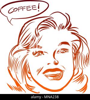 Sketched Woman Calling Coffee, Hand drawn Comic Style by Freehand Pen. Vector Outline Artwork Stock Vector