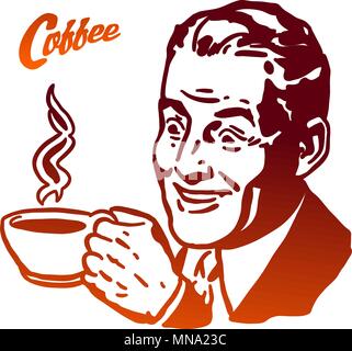 Cup of Coffee presented by Vintage Man, Hand drawn Vector Artwork. Usable as part of Logo for Cafe, Restaurant or any kind of advertising in Web or as Stock Vector